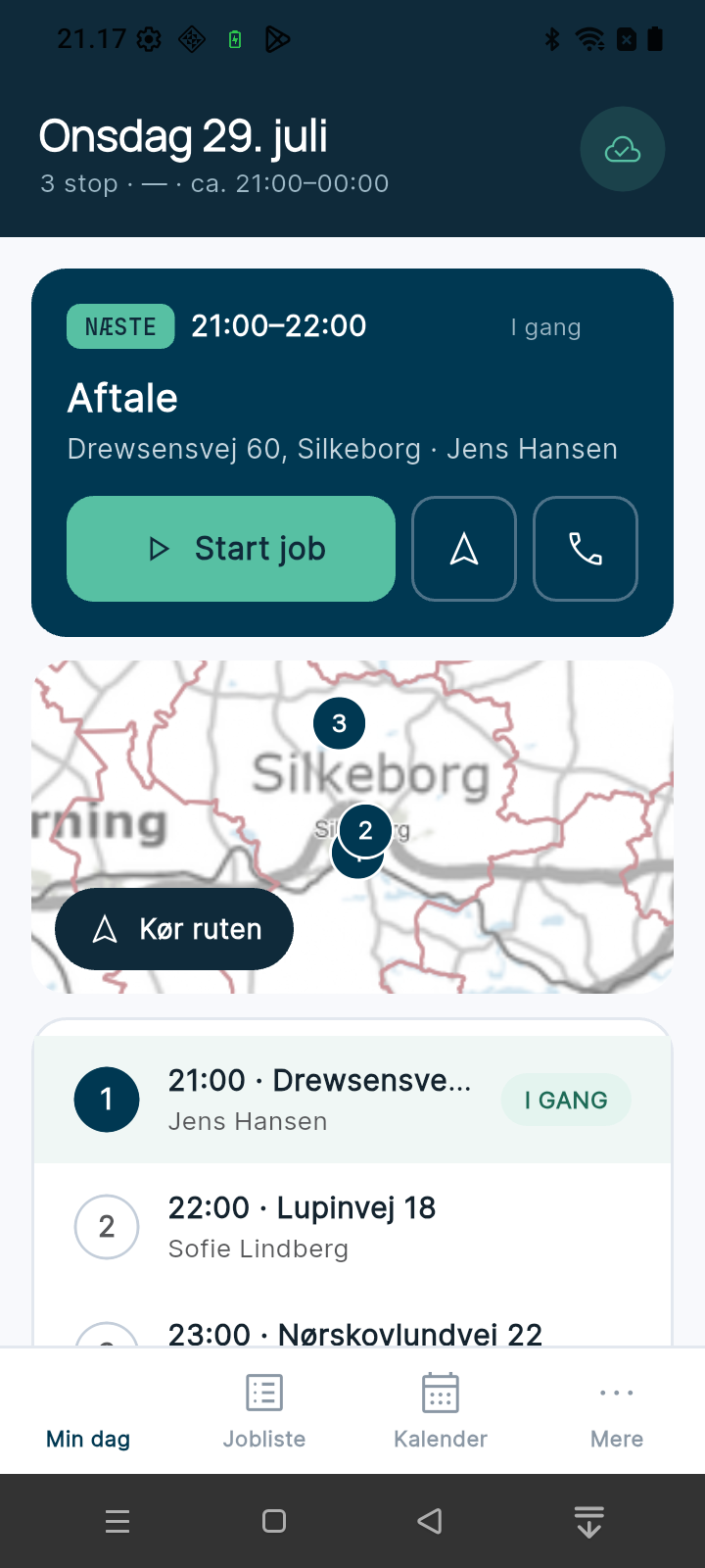 Connectives på telefon: Min dag med næste besøg, navigation og dagens stop på kortet